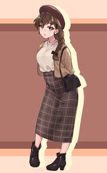  :o ankle_boots arms_behind_back bag beret black_footwear black_hat black_ribbon boots braid braided_ponytail brown_background brown_jacket brown_skirt carrying casual commentary female full_body girls_und_panzer grey_shirt hair_ornament hair_over_shoulder hair_ribbon hairclip handbag hat high-waist_skirt high_heel_boots high_heels highres jacket kimi_tsuru long_hair long_skirt looking_at_viewer open_mouth ribbon rukuriri_(girls_und_panzer) shirt silhouette single_braid skirt solo standing 