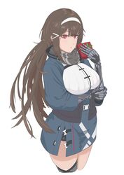  absurdres blue_jacket blush breasts brown_hair closed_mouth commentary_request cowboy_shot embarrassed female gift girls&#039;_frontline grey_background hairband highres holding holding_gift jacket js_9_(girls&#039;_frontline) lamniku0 large_breasts long_hair looking_at_viewer mechanical_arms mole mole_under_eye red_eyes sidelocks simple_background solo standing white_hairband 