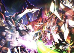  beam_saber fighting glowing glowing_eyes green_eyes gundam gundam_hathaway&#039;s_flash holding holding_sword holding_weapon mecha mobile_suit no_humans penelope_(hathaway&#039;s_flash) purple_eyes robot science_fiction signature sword sword_clash totthii0081 upper_body v-fin weapon xi_gundam 