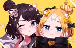  2girls :i abigail_williams_(fate) abigail_williams_(traveling_outfit)_(fate) black_bow black_hair black_jacket blonde_hair blue_eyes bow brown_bow closed_mouth commentary_request crossed_bandaids drawn_ears eyebrows_hidden_by_hair face_filter fate/grand_order fate_(series) grey_jacket hair_bun hair_ornament hairbow hands_on_own_face hands_up heart highres hood hood_down hooded_jacket jacket katsushika_hokusai_(fate) katsushika_hokusai_(traveling_outfit)_(fate) long_sleeves looking_at_viewer multiple_girls official_alternate_costume one_eye_closed parted_bangs parted_lips polka_dot polka_dot_bow simple_background single_hair_bun sleeves_past_wrists sparkle tyureu yellow_background 