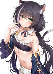  absurdres animal_ear_fluff animal_ears bandeau bare_shoulders bikini black_bikini black_hair breasts brooch cat_ears cat_girl cat_tail collarbone commentary dated_commentary detached_collar detached_sleeves female frilled_bikini frills frown green_eyes hand_up highres jewelry karyl_(princess_connect!) long_hair long_sleeves looking_at_viewer midriff multicolored_hair navel princess_connect! simple_background small_breasts solo spaghetti_strap stomach strap_slip streaked_hair sunhyun swimsuit tail upper_body very_long_hair white_background 