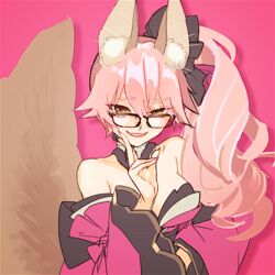  alternate_costume animal_ear_fluff animal_ears bare_shoulders black-framed_eyewear black_bow bow breasts brown_eyes cleavage collarbone commentary_request cosplay detached_collar detached_sleeves fangs fate/grand_order fate_(series) female fox_ears fox_girl fox_tail glasses hair_between_eyes hairbow hand_on_own_chin isagiyo japanese_clothes kimono koyanskaya_(fate) large_breasts lips long_hair looking_at_viewer open_mouth pink_background pink_hair pink_kimono pink_sleeves red_lips side_ponytail simple_background smile solo tail tamamo_(fate) tamamo_no_mae_(fate/extra) tamamo_no_mae_(fate/extra)_(cosplay) upper_body v wide_sleeves 