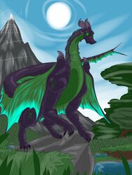  3:4 absurd_res black_body black_scales claws dragon female feral frill_(anatomy) glowing glowing_eyes glowing_markings green_body green_eyes green_markings green_wings head_crest head_frill hi_res horn hoyt_keylee markings membrane_(anatomy) membranous_frill membranous_wings mountain mythological_creature mythological_scalie mythology plains plant purple_body purple_scales river rock scales scalie solo standing_on_rocks tail tree water wings 