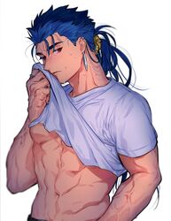  1boy abs alternate_costume alternate_hairstyle biceps blue_hair blush clothes_lift cu_chulainn_(fate) cu_chulainn_(fate/stay_night) earrings fate/stay_night fate_(series) highres jewelry lifting_own_clothes long_hair male_focus messy_hair multiple_piercings navel oerba_yun_fang pectorals red_eyes scrunchie shirt shirt_lift simple_background slit_pupils solo spiked_hair stomach sweat t-shirt toned toned_male uni_(nico02) veins white_background yellow_scrunchie 