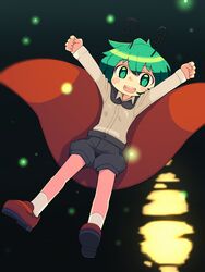  :d androgynous antennae arms_up black_cape black_shorts blush_stickers brown_footwear cape collared_shirt commentary female fireflies flat_chest full_body green_eyes green_hair hair_between_eyes highres long_sleeves open_mouth red_cape reflection reflective_water shirt shoes short_hair shorts smile socks solo touhou two-sided_cape two-sided_fabric ugif white_shirt white_socks wriggle_nightbug 