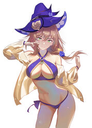  absurdres bikini blonde_hair bracelet breasts cleavage commentary female flower genshin_impact green_eyes hat hat_flower highres jewelry large_breasts lisa_(genshin_impact) looking_at_viewer navel pat_bharasarn side-tie_bikini_bottom simple_background smile solo swimsuit white_background witch_hat 