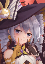  absurdres asymmetrical_gloves bat_(animal) black_gloves bronya_zaychik bronya_zaychik_(snowy_sniper) closed_mouth drill_hair earrings elbow_gloves female gloves grey_eyes grey_hair hair_between_eyes halloween halloween_costume hand_on_own_face hat highres homu_(honkai_impact) honkai_(series) honkai_impact_3rd index_finger_raised jewelry looking_at_viewer mismatched_gloves outdoors red_sky sky smile solo twin_drills witch_hat yelan_xing_xuan yellow_gloves 