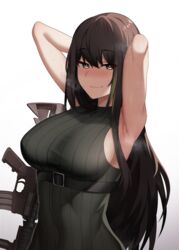  armpits arms_behind_head arms_up assault_rifle bare_arms bare_shoulders belt black_hair black_sweater blush breasts brown_eyes cero_(last2stage) commentary_request commission dated_commentary female girls&#039;_frontline gradient_background gun highres korean_commentary large_breasts long_hair looking_at_viewer m4_carbine m4a1_(girls&#039;_frontline) m4a1_(mod3)_(girls&#039;_frontline) nose_blush ribbed_sweater rifle sleeveless sleeveless_sweater smile solo steam sweat sweater taut_clothes taut_sweater upper_body very_long_hair weapon white_background 