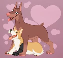  canid canine canis cybernetics deermary dobermann domestic_dog duo female feral heart_symbol herding_dog heterochromia machine male male/female mammal pastoral_dog pinscher prosthetic prosthetic_arm prosthetic_limb teeth tongue tongue_out welsh_corgi 