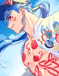  1boy alternate_costume bare_pectorals baseball_cap beads blue_hair blue_sky bodypaint closed_mouth cloud cu_chulainn_(fate) cu_chulainn_alter_(fate) cu_chulainn_alter_(under_the_same_sky)_(fate) dark_persona day earrings facepaint fate/grand_order fate_(series) floating_hair from_side hair_beads hair_ornament hat jewelry long_hair looking_back male_focus muscular muscular_male nipples open_clothes open_shirt pectorals ponytail red_eyes sky smile solo spiked_hair spikes studded_hat uni_(nico02) 