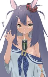  :o animal_ears bare_shoulders between_breasts blue_sailor_collar blush breasts can claw_pose dark-skinned_female dark_skin drinking_straw ear_scrunchie female hair_between_eyes hishi_amazon_(umamusume) horse_ears horse_girl horseshoe large_breasts long_hair looking_at_viewer monster_energy motor_vehicle neckerchief oerba_yun_fang off_shoulder orange_eyes parted_lips purple_hair sailor_collar scrunchie simple_background skin_fang solo tan tanlines umamusume upper_body urotsuki_(2013.04) white_background 