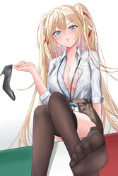  absurdres asayoru azur_lane black_footwear black_thighhighs blonde_hair blue_eyes blush breasts brown_skirt cleavage commentary crossed_legs dress_shirt feet female foot_out_of_frame foreshortening gorizia_(azur_lane) gorizia_(unrequited_office_love?)_(azur_lane) hair_between_eyes hair_ribbon high_heels highres holding holding_shoes italian_flag lanyard long_hair looking_at_viewer medium_breasts miniskirt no_bra no_shoes official_alternate_costume open_clothes open_shirt parted_lips pencil_skirt red_ribbon ribbon shirt shirt_tucked_in shoes sitting skirt solo thighhighs toes two_side_up unworn_shoes v-shaped_eyebrows white_ribbon white_shirt 