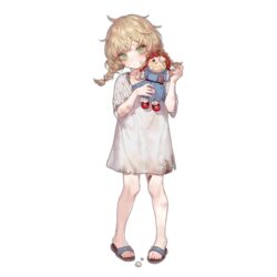  artist_request bandaid bandaid_on_knee bandaid_on_leg blonde_hair braid closed_mouth cotton_ball dirty dirty_clothes dirty_face doll dress feet female freckles full_body girls&#039;_frontline green_eyes holding holding_doll holding_stuffed_toy lolicon long_hair looking_at_viewer official_art orphan_girl_(girls&#039;_frontline) sandals shirt short_sleeves simple_background solo standing stuffed_toy tachi-e third-party_source toenails toes transparent_background twin_braids unkempt white_dress white_shirt 