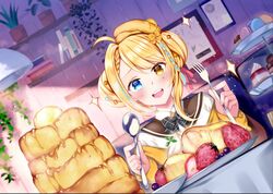  :d ahoge black_bow blonde_hair blue_eyes blue_hair blurry blurry_background blush bow braid brown_eyes brown_sailor_collar commentary_request depth_of_field double_bun dutch_angle female food fork fruit hair_bun hands_up heterochromia holding holding_fork holding_spoon indie_virtual_youtuber indoors jacket loco_lost long_sleeves looking_at_viewer macaron multicolored_hair open_mouth pancake pancake_hair_ornament pancake_stack plaid plaid_bow plate rei_(rei&#039;s_room) sailor_collar shelf shirt sleeves_past_wrists smile solo souffle_pancake sparkle spoon strawberry streaked_hair teeth tiered_tray two-tone_hair upper_body upper_teeth_only virtual_youtuber white_shirt yellow_jacket 