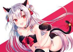  :d alternate_costume animal_ear_fluff animal_ears animal_hands bell bent_over black_panties black_thighhighs blush bow breasts cat_ears cat_tail double_bun fangs female fur_bra gloves gradient_hair hair_bell hair_bun hair_ornament hair_ribbon haruhitooo highres hololive horns long_hair looking_at_viewer medium_breasts multicolored_hair nakiri_ayame neck_bell oni panties paw_gloves paw_pose red_background red_eyes red_hair ribbon skin-covered_horns smile solo streaked_hair tail tail_bell tail_bow tail_ornament thighhighs tress_ribbon two-tone_background underwear virtual_youtuber white_background white_hair 