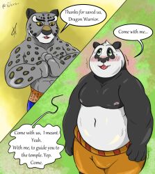  anthro bear breasts clothed clothing dreamworks duo felid feline giant_panda hi_res kung_fu_panda love male male/male mammal master_po_ping nervous nervous_smile notamo overweight overweight_male pantherine respect slightly_chubby snow_leopard tai_lung_(kung_fu_panda) 