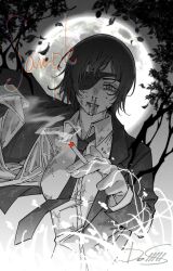  amputee blood breasts chainsaw_man cigarette commentary commission dollllls2 english_commentary eyepatch female full_moon greyscale highres himeno_(chainsaw_man) holding holding_cigarette medium_breasts missing_limb monochrome moon necktie nosebleed sample_watermark short_hair signature smoke solo spot_color suit sweat tree watermark 