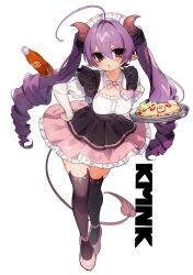  2000s_(style) ahoge artist_name blush bow bowtie commentary_request demon_girl demon_horns demon_tail dress female food heart highres holding holding_food holding_plate horns jitome ketchup ketchup_bottle kmnk_(kumanuko) long_hair looking_at_viewer name_tag open_mouth original plate pointy_ears purple_hair red_eyes shoes simple_background tachi-e tail twintails very_long_hair white_background zettai_ryouiki 