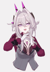  :d absurdres breasts character_request commentary_request cropped_torso erio_dazima female gloves grey_background grey_hair grey_jacket hair_between_eyes hair_intakes highres honkai_(series) honkai_impact_3rd horns jacket looking_at_viewer purple_eyes simple_background small_breasts smile solo steepled_fingers upper_body white_gloves 