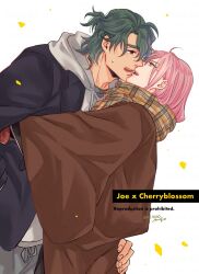  2boys adam&#039;s_apple ango_(f_ango) black_jacket brown_coat cherry_blossom_(sk8) coat glasses grey_hair grey_hoodie hand_on_another&#039;s_waist hood hoodie jacket joe_(sk8) kissing multiple_boys pink_hair plaid_clothes plaid_scarf scarf short_ponytail simple_background sk8_the_infinity sweatdrop white_background yaoi 