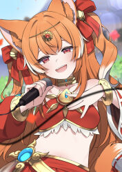  animal_ear_fluff animal_ears blurry blurry_background bracelet collarbone commission detached_sleeves female gold_bracelet gold_collar hair_ribbon highres holding holding_microphone jewelry kamiko_rinona microphone midriff open_mouth orange_hair red_eyes red_ribbon red_sleeves ribbon solo teeth upper_teeth_only valefal_coneri vgen_commission virtual_youtuber vreverie 