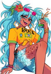  aqua_eyes aqua_hair blue_shorts brazil brazilian_flag_print brazilian_miku can commentary_request cross cross_necklace eyewear_on_head feet_out_of_frame female flower_tattoo guarana_antarctica hatsune_miku highres holding holding_can icetihw invisible_chair jewelry leaf long_hair navel_piercing necklace open_mouth piercing pink-tinted_eyewear portuguese_commentary print_shirt shirt short_sleeves shorts simple_background sitting smile solo tattoo tinted_eyewear tongue tongue_out tongue_piercing torn_clothes torn_shorts very_long_hair vocaloid white-framed_eyewear white_background white_nails yellow_shirt 