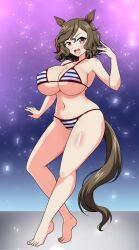  2024 alternate_costume animal_ears barefoot bikini breasts brown_hair brown_tail cleavage commentary_request eyelashes female highres horse_ears horse_girl horse_tail huge_breasts izumi_(izumi_p) looking_at_viewer navel open_mouth partial_commentary plump purple_eyes shachihoko smile solo striped_bikini striped_clothes swimsuit tail tap_dance_city_(umamusume) umamusume 