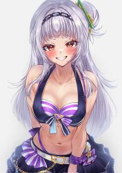  absurdres belt belt_buckle bikini bikini_skirt blush breasts buckle chain_headband chains clenched_teeth female grey_hair hair_bun headband highleg highleg_bikini highres hololive leaning_forward long_hair looking_at_viewer medium_breasts murasaki_shion naughty_face navel nyarurato0debu official_alternate_costume orange_eyes purple_bikini purple_skirt ribbon simple_background skirt smile solo swimsuit teeth virtual_youtuber white_background 