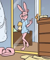  anthro barefoot bathrobe bed blush bonnet_(roommates) brush clothing dresser explicit_source feet female footwear fur furniture hairbrush lagomorph mammal mirror nightshirt on_one_leg pink_body pink_fur reflection robe roommates:motha shirt shoes slippers solo soulcentinel standing topwear 