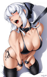  animal_collar bikini black_bikini black_bow black_thighhighs blue_eyes blue_nails bow breasts cleavage collar commentary cuffs fate/grand_order fate_(series) female grey_hair hairbow half_up_braid kneeling large_breasts leash leash_pull long_hair looking_at_viewer morgan_le_fay_(fate) one_eye_closed open_mouth ponytail side-tie_bikini_bottom sidelocks solo swimsuit thighhighs very_long_hair viewer_holding_leash zealyush 