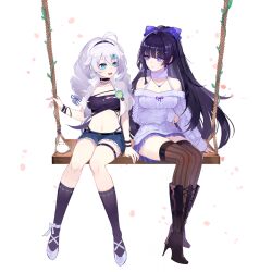  2girls :d ahoge aran_sweater beng2_no_dashengmingjiqushu benghuai_xueyuan bird black_footwear black_hair black_hairband black_socks blue_eyes boots bow brown_thighhighs cable_knit denim denim_shorts grey_footwear hairband hairbow high_heel_boots high_heels honkai_(series) kiana_kaslana kneehighs long_sleeves midriff multiple_girls navel off-shoulder_sweater off_shoulder open_clothes open_mouth open_shirt purple_bow purple_eyes purple_sweater raiden_mei shoes short_shorts shorts simple_background sitting smile socks stomach strapless striped_clothes striped_thighhighs sweater thigh_strap thighhighs thighs tube_top vertical-striped_clothes vertical-striped_thighhighs white_background white_hair 