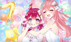  2girls ^_^ ahoge artist_name balloon bare_shoulders bertha_(dare_ga_tame_no_alchemist) blush closed_eyes dare_ga_tame_no_alchemist dress hair_between_eyes hair_ornament hair_ribbon highres mikan_ame_(gumi) multiple_girls official_art open_mouth pink_hair red_hair ribbon soap_bubbles star_balloon upper_body white_dress 