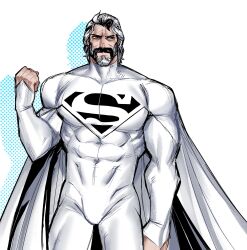  1boy alternate_costume bara beard black_hair cape clenched_hand commentary covered_abs covered_navel dc_comics english_commentary facial_hair full_beard highres jor-el large_pectorals male_focus multicolored_hair muscular muscular_male old old_man pectorals revealyoursins simple_background skin_tight solo superman_(series) two-tone_hair white_background white_hair 