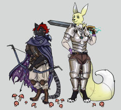  2024 3_fingers absurd_res anthro armband armor arrow_(weapon) bandai_namco belt belt_buckle black_belt black_body black_claws black_fur black_nose blue_cape blue_clothing blue_eyes bottomwear bow_(weapon) breastplate breasts brown_bottomwear brown_clothing brown_pants brown_shirt brown_topwear buckle cape claws closed_smile clothed clothed_anthro clothed_female clothing digimon digimon_(species) digit_ring digital_drawing_(artwork) digital_media_(artwork) dipstick_ears dipstick_tail duo ear_markings fan_character felid female female_anthro finger_ring fingers flockdog fungus fur greaves grey_background grey_sclera grey_stripes hair half-closed_eyes hand_on_hip handpaw hi_res holding_arrow holding_bow_(weapon) holding_melee_weapon holding_object holding_ranged_weapon holding_sword holding_weapon jewelry knife knife_sheath knight larger_anthro larger_female long_ears long_tail mammal markings melee_weapon mouth_closed multicolored_ears mushroom narrowed_eyes pantherine pants pauldron pawpads paws pink_nose pink_pawpads purple_armband ranged_weapon ranger red_hair renamon rolled_up_sleeves shirt simple_background size_difference smaller_anthro smaller_female smile smiling_at_another smiling_at_each_other standing striped_markings striped_tail stripes sword tail tail_markings tan_bottomwear tan_clothing tan_pants tiger toe_claws topwear torn_cape torn_clothing warrior weapon whisker_spots white_ear_tips white_tail_tip yellow_body yellow_fur yellow_tail 