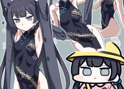  armpits arms_up ass bare_shoulders black_hair blue_archive blue_eyes blunt_bangs blush breasts butterfly_hair_ornament chibi china_dress chinese_clothes collarbone covered_navel dragon_print dress female flying_sweatdrops grey_background hair_ornament hat jazz_jack kisaki_(blue_archive) long_hair multiple_views ribs school_hat simple_background sleeveless sleeveless_dress small_breasts twintails 