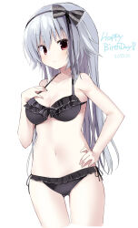  &gt;:) 2023 bare_arms bare_shoulders bikini black_bikini black_bow blush bow breasts cleavage closed_mouth collarbone commentary cowboy_shot curvy dated doyagao female frilled_bikini frilled_bow frills grey_hair hair_between_eyes hairbow halterneck hand_on_own_chest hand_on_own_hip hand_up happy_birthday highres long_hair looking_at_viewer medium_breasts narumi_toa navel red_eyes side-tie_bikini_bottom sidelocks simple_background skindentation smile smug solo standing stomach straight_hair swimsuit takepoison thigh_gap v-shaped_eyebrows very_long_hair wagamama_high_spec white_background 