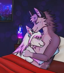  amy_(d4xt3r) anthro bed bedroom canid canine canis cuddling cuddly daxter_wolfsky_(d4xt3r) duo female furniture hi_res hug hugging_another hybrid lamp lava_lamp male male/female mammal romantic romantic_couple sleeping valdith_zam wolf wolfdog 