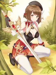  bad_id bad_pixiv_id beret black_footwear black_gloves black_hat blurry blush boots bow braid branch breasts brown_hair cleavage depth_of_field detached_sleeves female gloves gotmil hairbow hat high_heels holding holding_sword holding_weapon leaf medium_breasts on_ground on_one_knee original pleated_skirt red_bow red_skirt short_hair skirt smile solo sword thighhighs tree weapon white_thighhighs yellow_eyes 