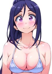  ayumu-k bikini blue_hair blush breasts cleavage closed_mouth collarbone commentary_request female halterneck highres large_breasts long_hair long_sleeves looking_at_viewer love_live! love_live!_sunshine!! matsuura_kanan medium_breasts ponytail purple_eyes sidelocks simple_background smile solo swimsuit upper_body white_background white_bikini 