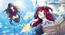  2girls bad_id bad_pixiv_id bird black_legwear blue_eyes book bow brown_hair bug butterfly dark_red_hair from_below hair_bobbles hair_ornament leotard looking_back mammon_(umineko) multiple_girls necktie oekaki open_book red_eyes red_hair seagull showgirl_skirt sky smile sofy stakes_of_purgatory thighhighs two_side_up umineko_no_naku_koro_ni ushiromiya_ange 