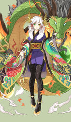  anklet barefoot black_legwear blush bridal_gauntlets claws commentary_request dragon dragon_girl dragon_tail facial_mark female flan_(zhd91) floral_print fur_trim green_eyes hair_ornament heterochromia highres horai_(p&amp;d) japanese_clothes jewelry kaede_(p&amp;d) kimono leaf looking_at_viewer magatama parted_lips photoshop_(medium) pointy_ears puzzle_&amp;_dragons short_hair tail tassel thighhighs toeless_legwear white_hair wide_sleeves wings yellow_eyes 