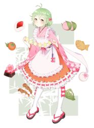  :o antenna_hair apron bad_id bad_pixiv_id blush bow cookie daifuku dango dress female food frilled_apron frilled_dress frilled_skirt frills fruit full_body geta gotmil green_hair hairbow holding ichigo_daifuku japanese_clothes kashiwa_mochi_(food) kimono kimono_skirt leaf long_sleeves looking_at_viewer mitarashi_dango open_mouth orange_dress original persimmon pink_bow red_bow sakura_mochi short_hair skirt solo standing star_(symbol) strawberry taiyaki tareme thighhighs wagashi white_apron white_thighhighs wide_sleeves yellow_eyes youkan_(food) 