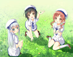  3girls :d arm_up ayataka beret black_hair blue_eyes blue_necktie bonnet brown_eyes brown_hair chimame-tai clover collarbone commentary_request day from_above gochuumon_wa_usagi_desu_ka? grey_hair hair_ornament hat jouga_maya kafuu_chino kafuu_chino&#039;s_school_uniform kneeling long_hair looking_at_viewer looking_back miniskirt multiple_girls natsu_megumi necktie oerba_yun_fang open_mouth outdoors photoshop_(medium) pleated_skirt school_uniform shirt short_necktie short_sleeves skirt smile socks twintails very_long_hair white_hat white_legwear white_shirt white_skirt 