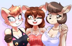  2018 alfa995 anthro apron apron_only black_nose blue_eyes breasts brown_eyes brown_hair cleavage clothed clothing deer digital_media_(artwork) doe_(alfa995) domestic_cat eyelashes eyewear felid feline felis female glasses group hair jill_(alfa995) kangaroo long_hair looking_at_viewer macropod mammal marsupial mature_anthro mature_female mostly_nude one_eye_closed open_mouth open_smile queen_(alfa995) short_hair smile whiskers wink 