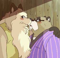  2016 anthro blush canid canine clothed clothing duo eyewear garouzuki ghibli glasses hug humanoid_hands inugami_gyoubu_(pom_poko) kincho_daimyojin_vi kissing male male/male mammal old overweight overweight_male pom_poko raccoon_dog tanuki 