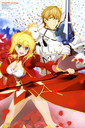  1boy absurdres aestus_estus ahoge armor armored_boots ass_visible_through_thighs blonde_hair blue_sky blush body_blush boots braid breastplate breasts brown_hair cleavage cloud cloudy_sky dress epaulettes excalibur_galatine_(fate) fate/extra fate_(series) female flower french_braid gauntlets gawain_(fate) green_eyes hair_between_eyes highres holding holding_sword holding_weapon juliet_sleeves knee_boots large_breasts leotard lily_(flower) long_sleeves looking_at_viewer magazine_request magazine_scan miwa_kazuhiro nero_claudius_(fate) nero_claudius_(fate/extra) official_art open_mouth pigeon-toed puffy_sleeves red_dress red_flower red_rose rose round_teeth scan see-through shoulder_pads skindentation sky smile strapless strapless_leotard sword takiyama_masaaki teeth weapon white_flower white_leotard yamamura_hiroki 