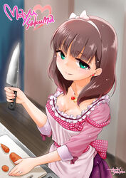  absurdres apron artist_name blue_eyes breasts brown_hair carrot character_name cleavage commentary_request cooking cutting_board empty_eyes female hairband heart heart_necklace highres idolmaster idolmaster_cinderella_girls jewelry kitchen_knife knife medium_breasts necklace sakuma_mayu short_hair signature smile solo takuji_yuusaku 