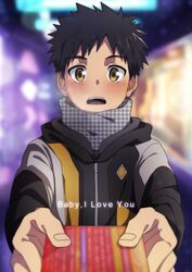  1boy baby_i_love_you_daze batsusuke black_hair black_jacket blurry blurry_background blush boy_(baby_i_love_you_daze) chocolate commentary copyright_name depth_of_field display fingernails gift giving grey_scarf highres holding holding_gift houndstooth jacket long_sleeves looking_at_viewer male_focus multicolored_clothes multicolored_jacket open_mouth outdoors pov print_scarf scarf song_name teeth upper_body upper_teeth_only winter_clothes yellow_eyes zipper 