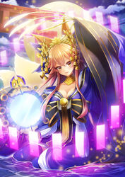  absurdres animal_ears bare_shoulders bow breasts cleavage collarbone commentary_request fate/grand_order fate_(series) female fox_ears fox_tail full_moon hair_ribbon hairbow highres japanese_clothes kanna_(chaos966) large_breasts mirror moon multiple_tails oerba_yun_fang official_alternate_costume open_mouth pink_hair ribbon rice_(plant) solo suiten_nikkou_amaterasu_yanoshisu_ishi tail tamamo_(fate) tamamo_no_mae_(fate/extra) tamamo_no_mae_(third_ascension)_(fate) torii water yellow_eyes 