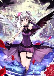  absurdres angel_wings commentary_request dress drill_hair female grey_hair highres idolmaster idolmaster_cinderella_girls kanzaki_ranko long_hair looking_at_viewer nerotarou open_mouth red_eyes rosenburg_engel_(idolmaster) smile solo twin_drills twintails wings 